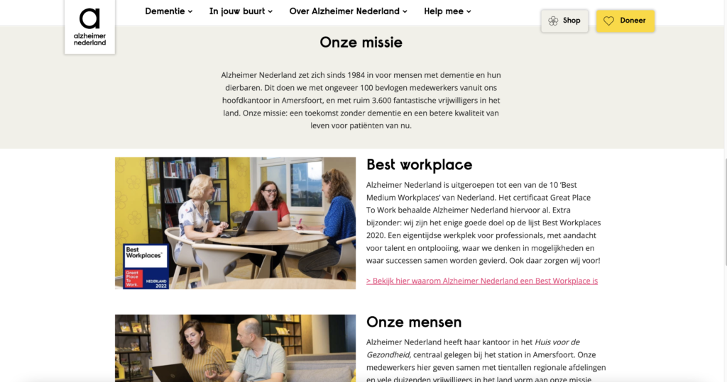 Voorbeeld van autoriteit uitstralen in een tekst op de website van Alzheimer Nederland
