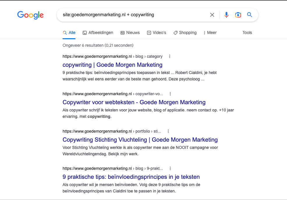 Google zoekresultaten voor site:goedemorgenmarketing.nl + copywriting