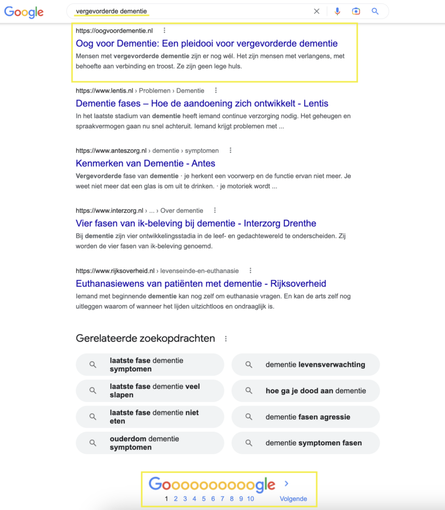 Screenshot van zoekresultaten in Google waarbij het zoekresultaat van oog voor dementie op positie 5 staat bij de zoekterm 'vergevorderde dementie'